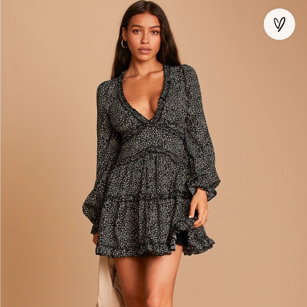 Lulus Admire You Black Floral Print Ruffled Long Sleeve Mini Dress